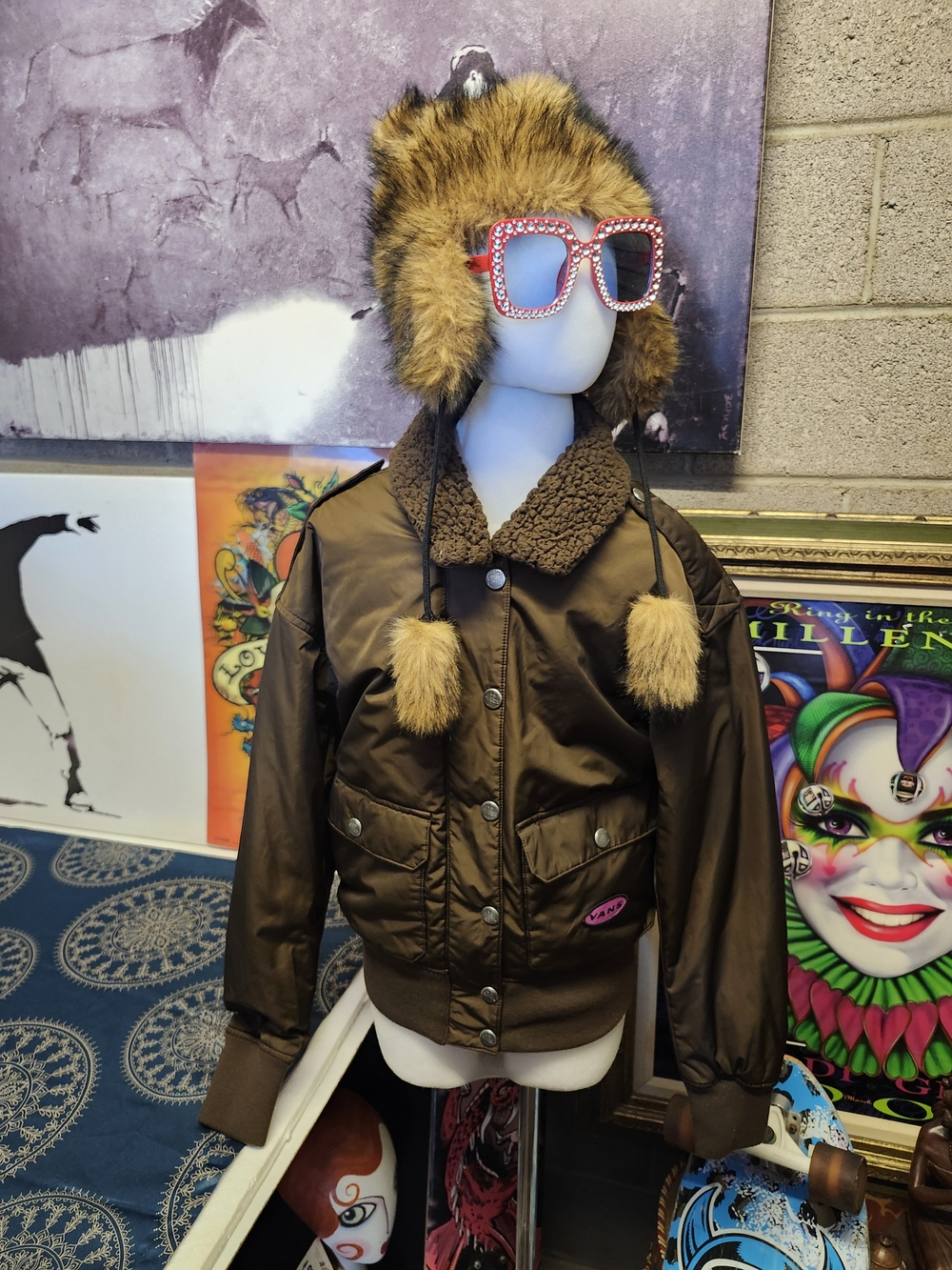 Vans Women's Brown Faux-Sherpa Bomber Jacket with Fur Trim